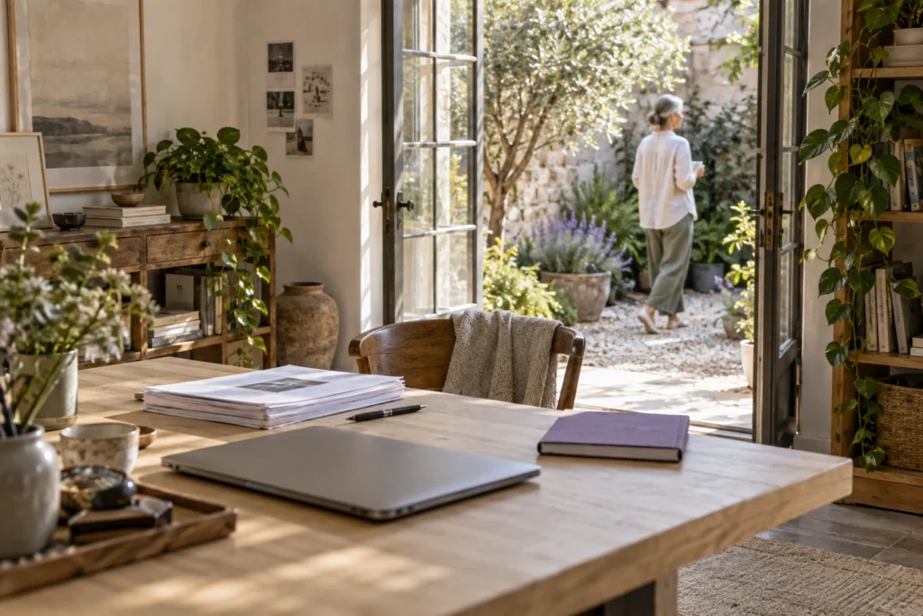 A completed stack of pages sits on a closed-laptop desk while a woman takes a garden break.