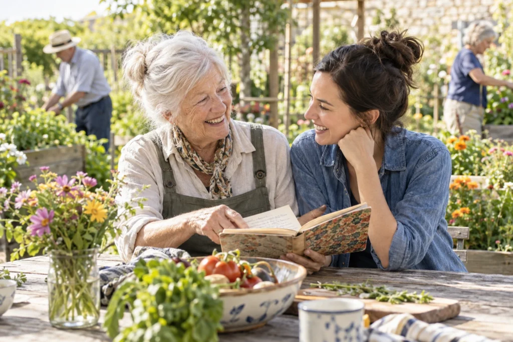 An older woman shares a recipe notebook with a younger friend in a community garden.