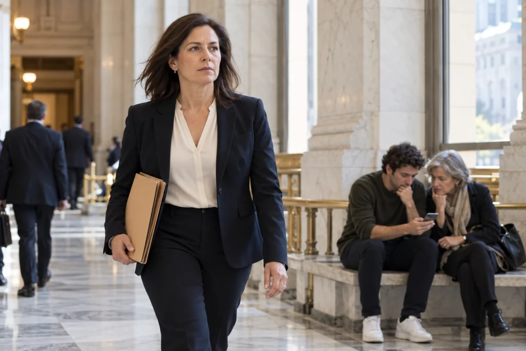 An attorney walks through a bright courthouse corridor as two people review a phone.