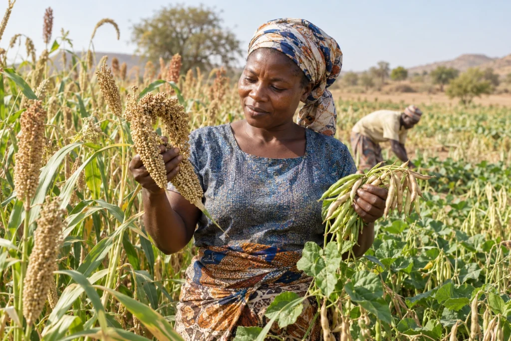 A West African farmer compares millet and cowpea harvests in a diverse field.