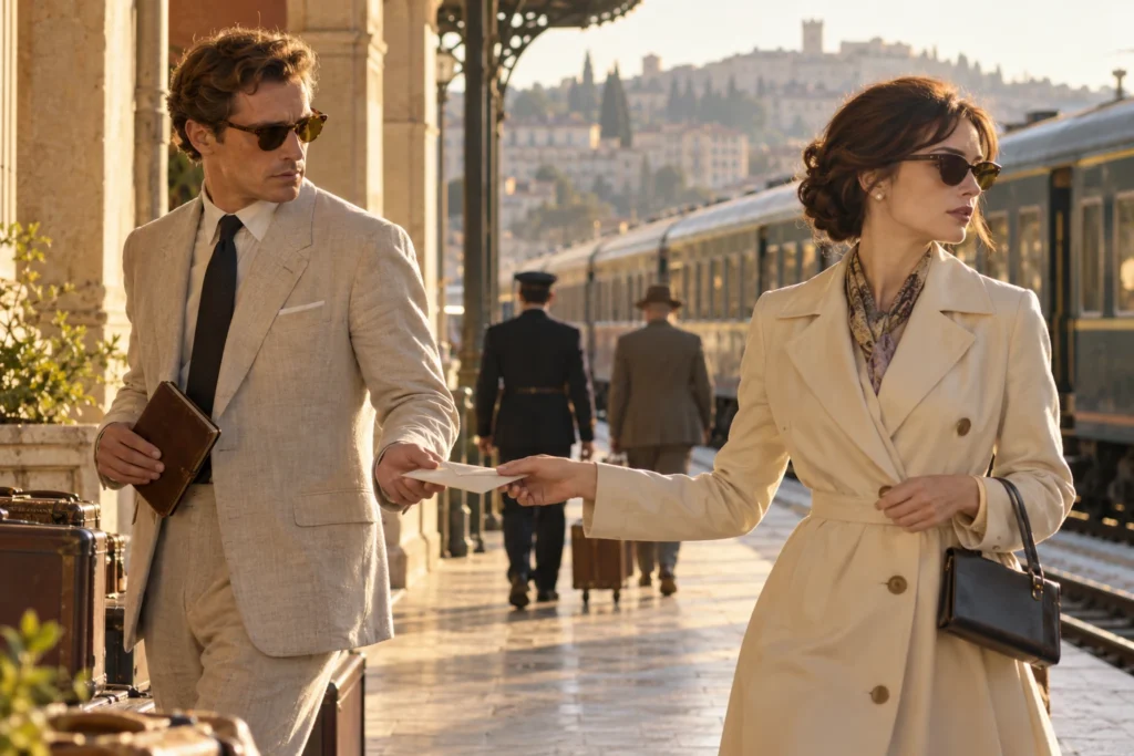 Two discreet travelers exchange an envelope on a sunlit 1960s railway platform.