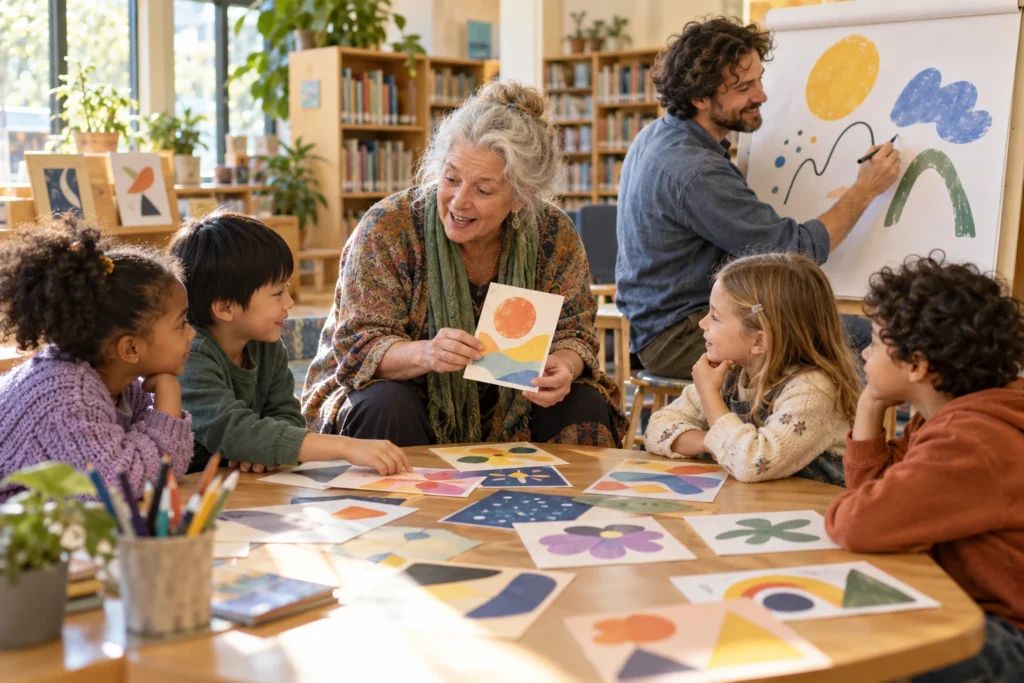 An author and illustrator help children explore picture choices during a library workshop.
