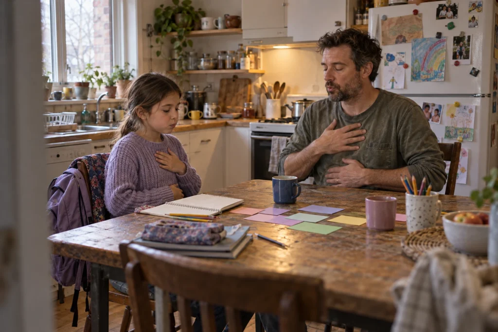 A father and daughter practice slow breathing together at a worn kitchen table.