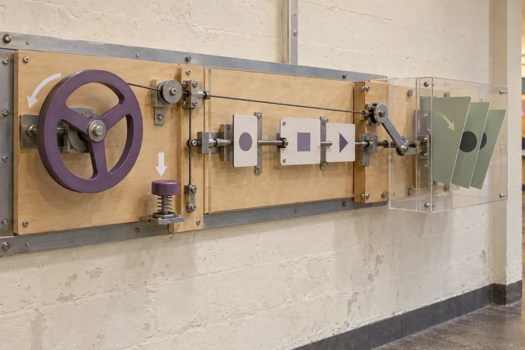 A wall-mounted mechanical exhibit links an input wheel and spring button to moving response panels.