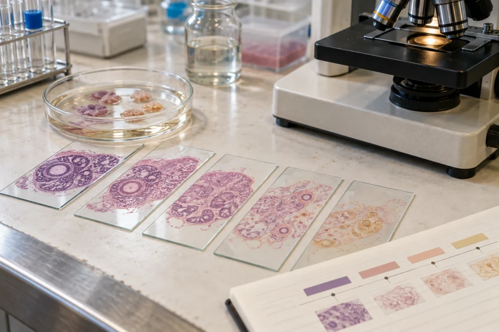 Microscope slides showing stained ovarian tissue samples are arranged beside a laboratory microscope.