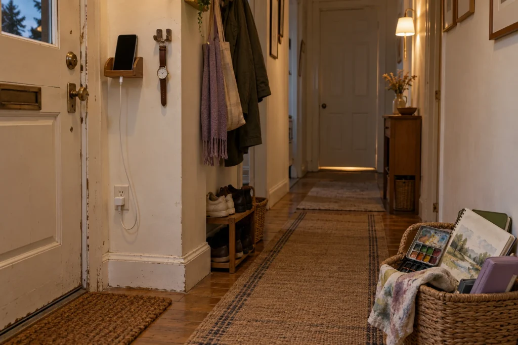 A phone charges in a hallway dock beside a wristwatch, while painting supplies wait in a floor basket.