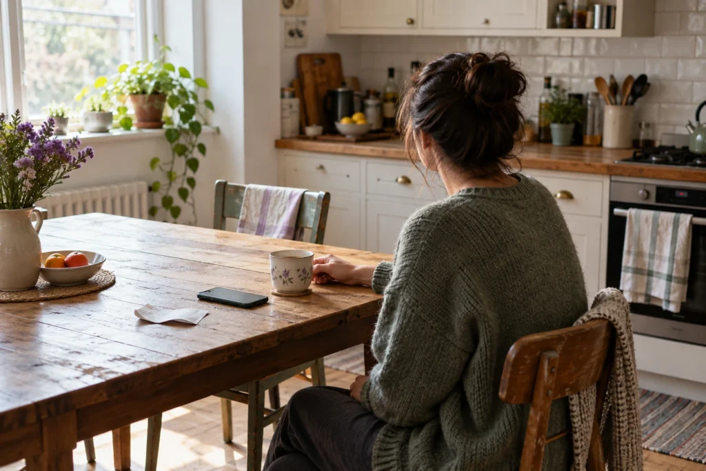 A person waits quietly at a lived-in kitchen table with a phone face down beside a cooling cup of tea.