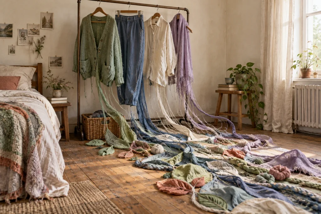 Worn garments on a bedroom clothes rail unravel into colorful textile threads and fabric shapes across the wooden floor.