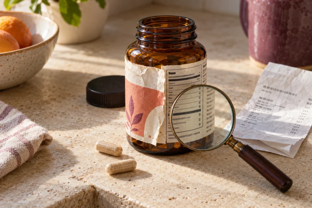 An amber supplement bottle with a worn label, magnifying glass, capsules, and receipt on a sunlit counter.