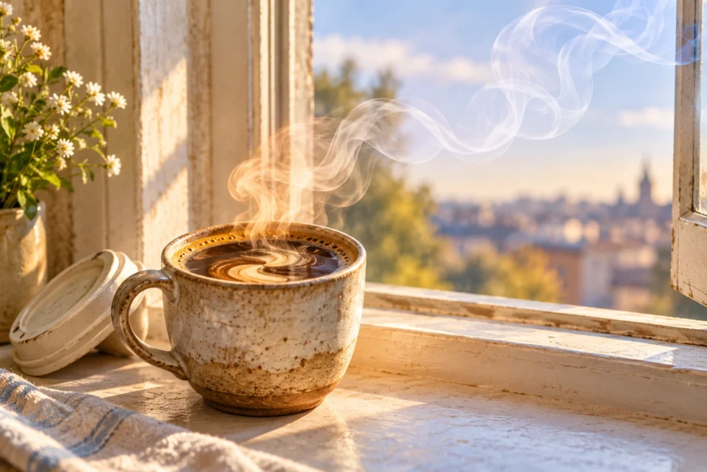A beautiful cup of coffee cools by an open window as warm steam fades into pale blue loops.