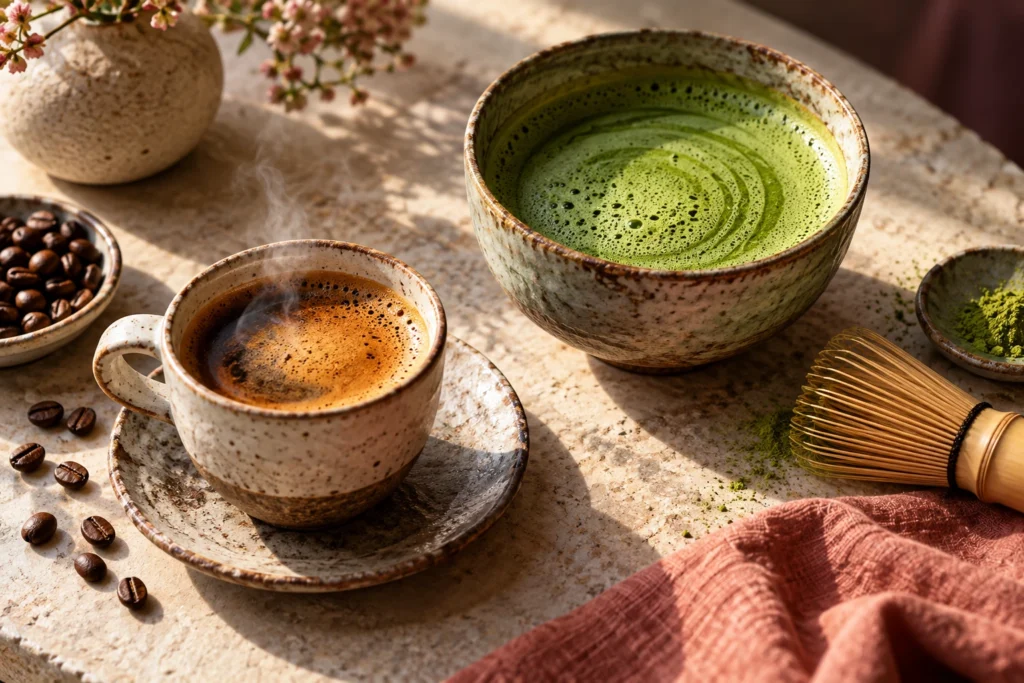 A small cup of coffee with amber crema and a bowl of foamy green matcha share a sunlit stone table.