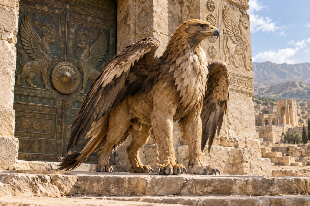 A realistic griffin with an eagle's head and wings and a lion's body guards an ancient stone threshold in daylight.