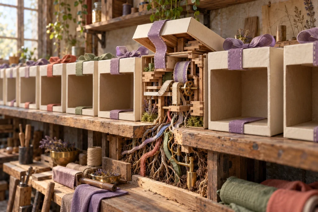 One gift box reveals a complex handmade structure and roots while identical ribboned boxes remain hollow.