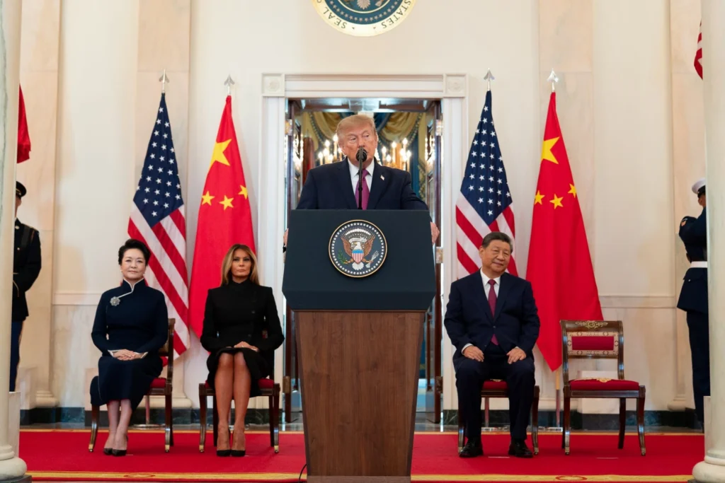 President Donald Trump greets Chinese President Xi Jinping during a September 2026 White House state arrival ceremony.