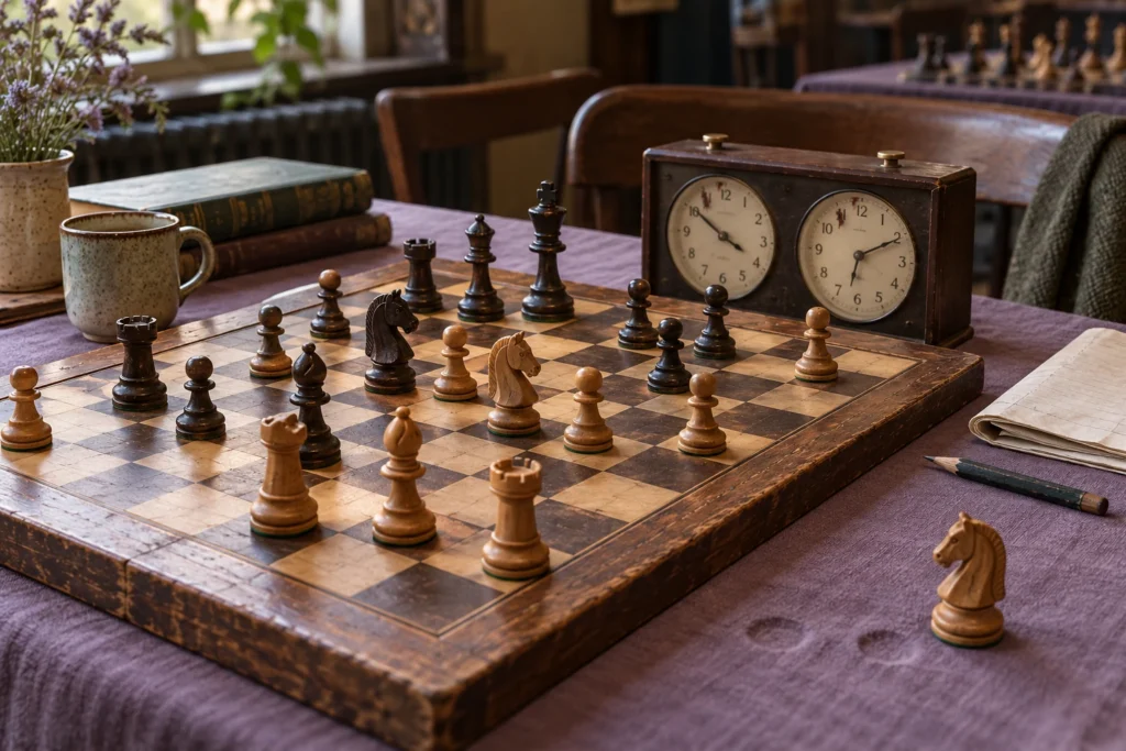 A worn chessboard holds a difficult midgame position beside an analog clock, pencil, and a knight awaiting reconsideration.