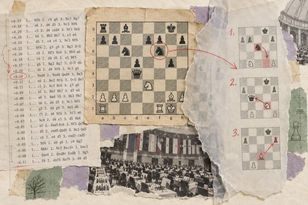 Archival chess diagrams and engine variations narrow into three concise handwritten explanations.
