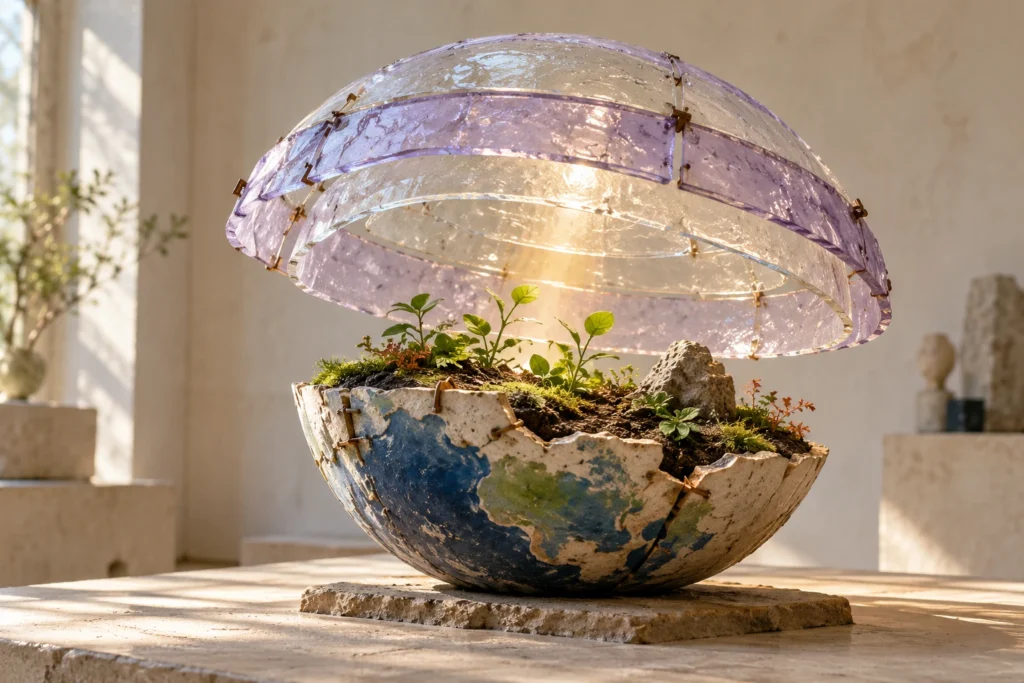 A repaired translucent atmospheric shield protects young plants growing from a cracked ceramic Earth.