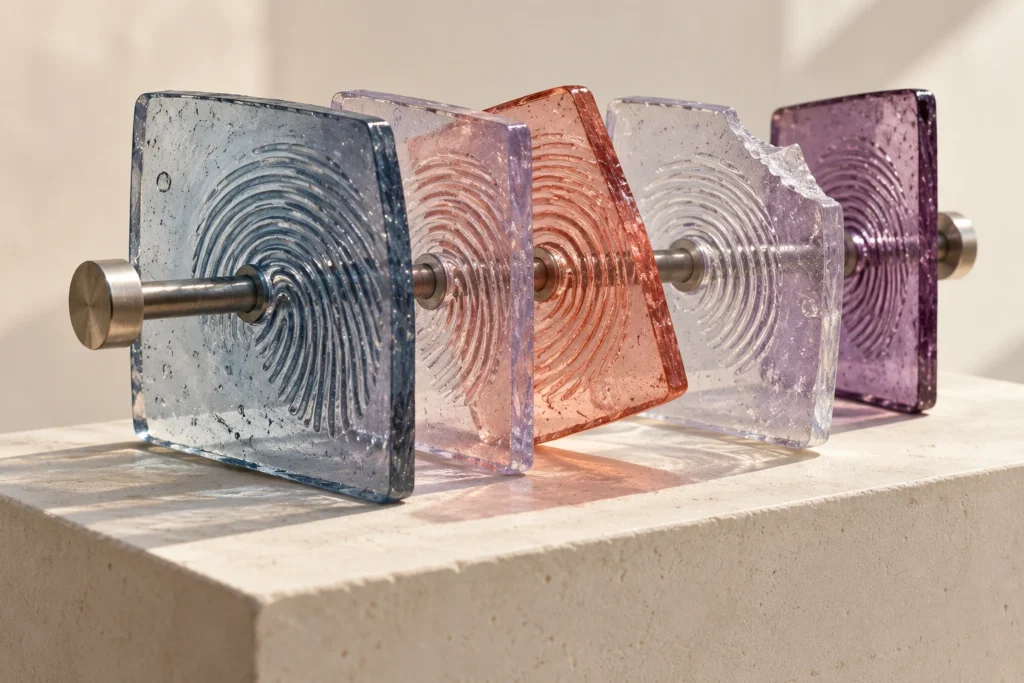 Translucent fingerprint-grooved resin plates form a misaligned verification chain with one broken edge.